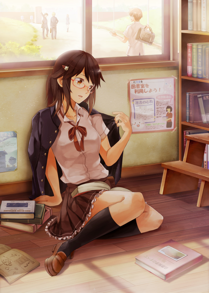brown_hair, collarbone, gakuran, glasses, hair_ornament, hairclip, highres, jacket_on_shoulders