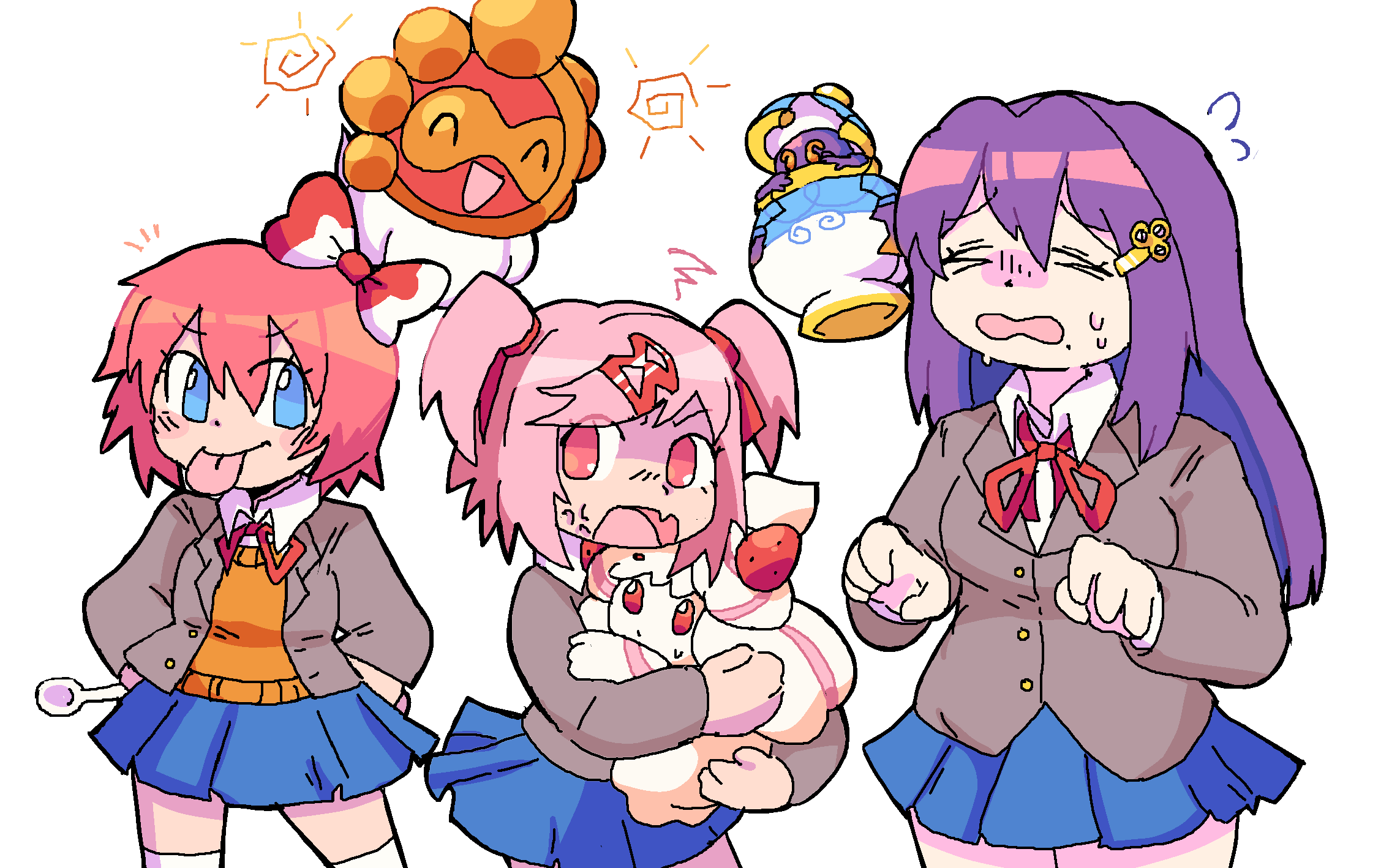 3girls, @_@, alcremie, alcremie_(strawberry_sweet), bow, castform, castform_(sunny), clouds