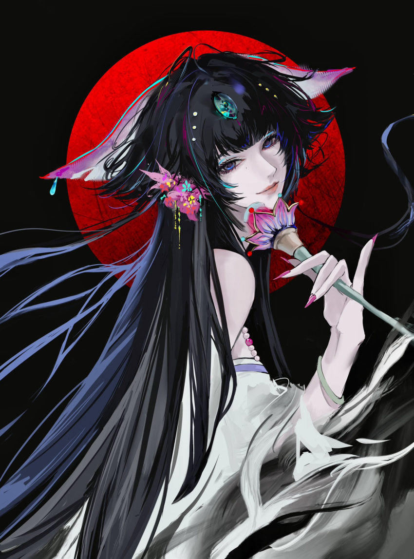 1girl, animal_ears, black_background, black_hair, chinese_clothes, enfer_(path_to_nowhere), flower, hand_up