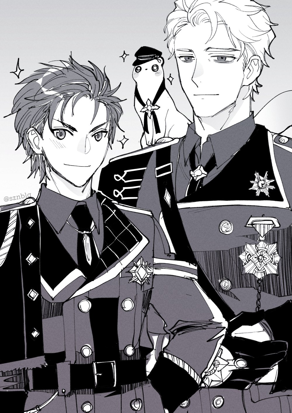 2boys, animal, animal_on_shoulder, badge, bags_under_eyes, belt, belt_buckle, black_necktie