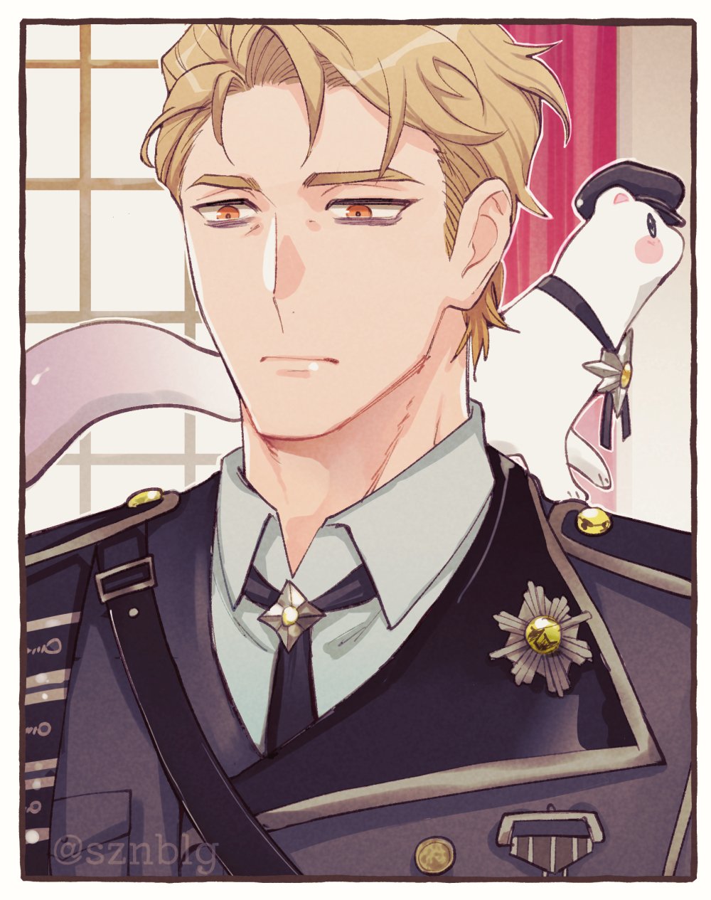 1boy, animal, animal_on_shoulder, badge, bags_under_eyes, black_necktie, blonde_hair, clothed_animal