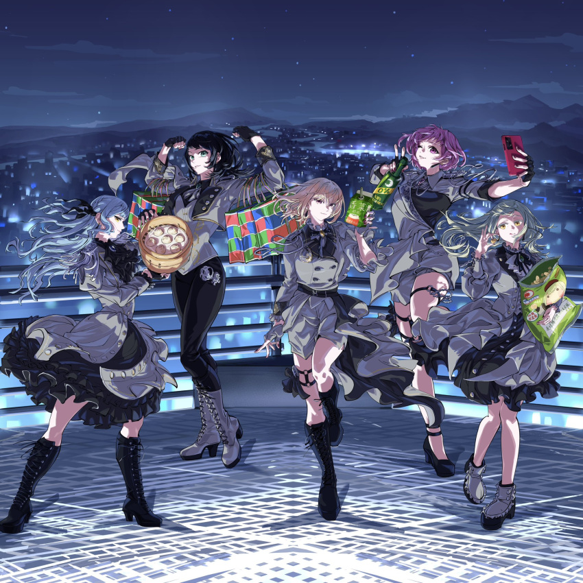 5girls, ascot, bag, bamboo_steamer, bang_dream!, bang_dream!_it's_mygo!!!!!, belt, black_belt, black_boots, black_bow, black_dress, black_gloves, black_hair, black_hairband, black_nails, black_pants, black_shirt, black_shoes, blonde_hair, blue_hair, boots, bottle, bow, city_lights, cityscape, clouds, coat, commentary_request, dress, epaulettes, fingerless_gloves, fingernails, floating_hair, floor, food, full_body, gloves, green_eyes, green_hair, grey_coat, grey_dress, grey_shoes, grey_vest, hairband, high_heels, highres, holding, holding_bamboo_steamer, holding_bottle, holding_phone, long_hair, lyushuo, misumi_uika, mountain, multiple_girls, nail_polish, night, one_eye_closed, pants, petticoat, phone, purple_hair, purple_nails, rooftop, selfie, shirt, shoes, shopping_bag, short_hair, sky, standing, standing_on_one_leg, steamed_bun, thigh_strap, togawa_sakiko, v, vest, violet_eyes, waistcoat, wakaba_mutsumi, wind, wine_bottle, yahata_umiri, yellow_eyes, yuutenji_nyamu