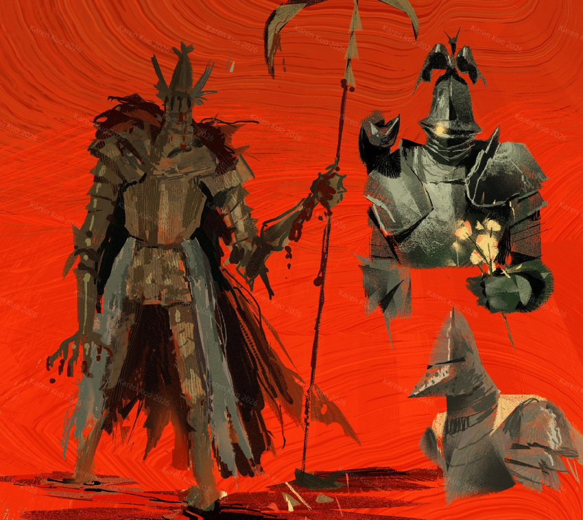 3others, ambiguous_gender, armor, banished_knight, bloodhound_knight, cleanrot_knight, commentary, cropped_shoulders