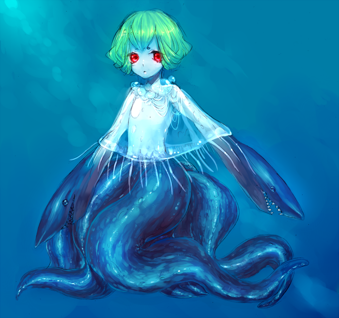 bone-beans, green_hair, jellyfish, monster_girl, original, red_eyes, shark, tentacle