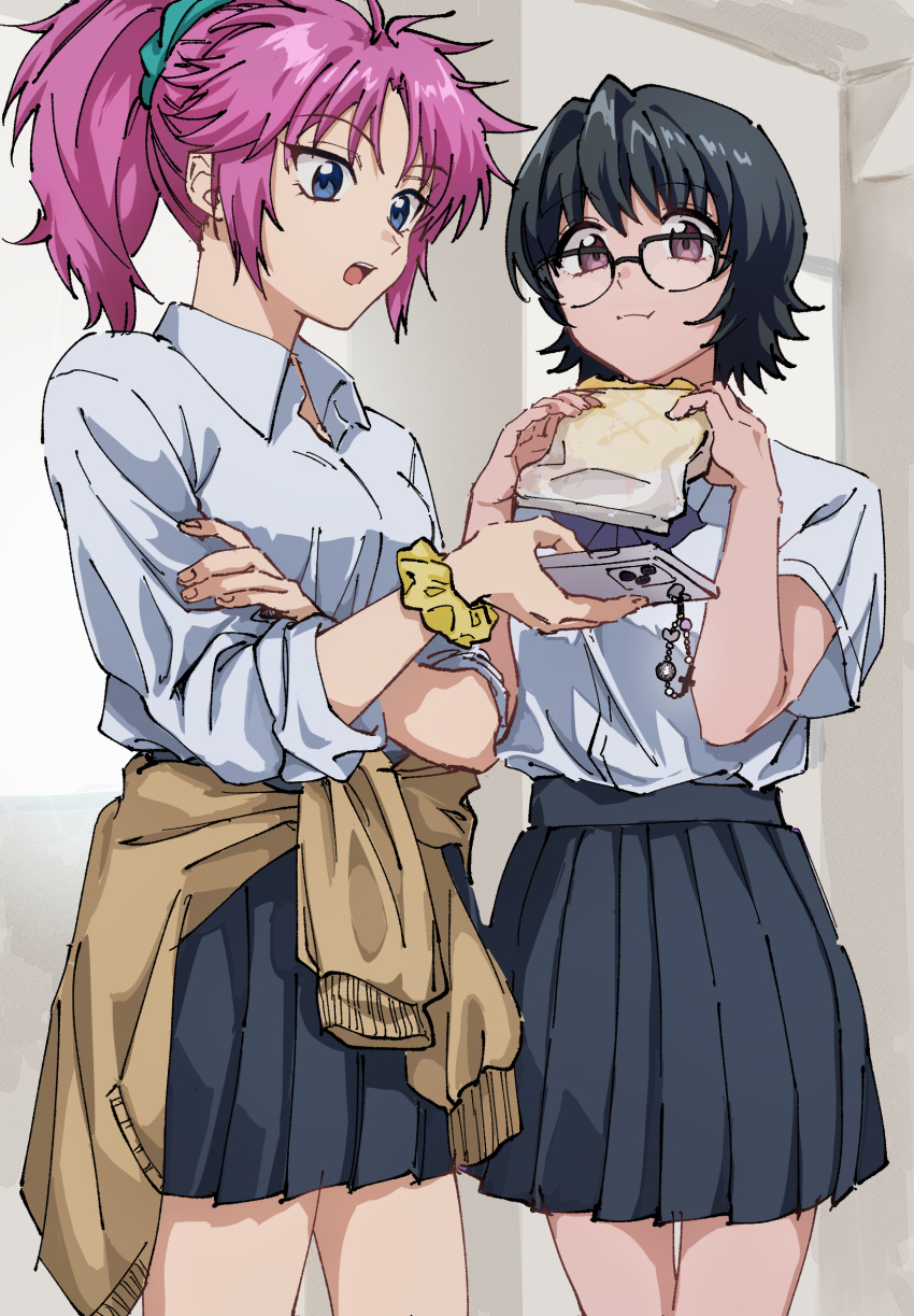 2girls, black-framed_eyewear, black_hair, black_skirt, cardigan, cardigan_around_waist, cellphone, clothes_around_waist