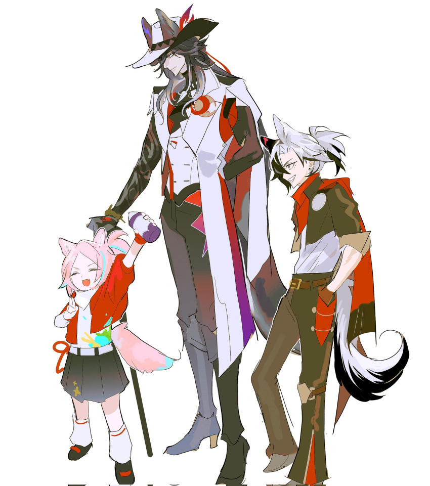 1girl, 2boys, ^_^, aged_down, animal_ears, ashveil_(honkai:_star_rail), black_hair, boothill_(honkai:_star_rail)