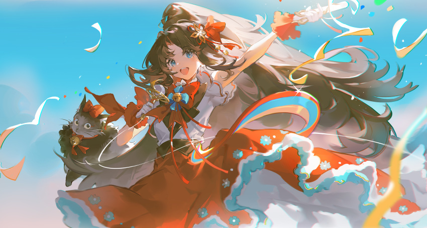 1girl, absurdres, arm_up, bell, blue_eyes, blue_sky, bow, bowtie