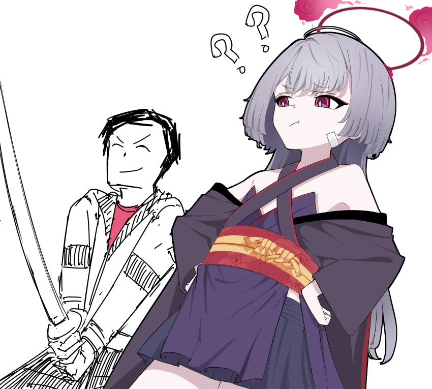 1boy, 1girl, :t, ?, ??, ^_^, absurdres, ahoge, arichi_masaomi, arichi_masaomi_(cosplay), bandaid, bandaid_on_cheek, bandaid_on_face, bare_shoulders, black_hair, black_kimono, black_skirt, blue_archive, blunt_bangs, blunt_ends, bright_pupils, chinese_commentary, closed_eyes, closed_mouth, commentary, confused, cosplay, cowboy_shot, criss-cross_halter, doodle_sensei_(blue_archive), dutch_angle, eyeshadow, flat_chest, furrowed_brow, grey_hair, halo, halterneck, hands_on_own_hips, highres, hime_cut, holding, holding_sword, holding_weapon, hood, hoodie, japanese_clothes, kimono, long_hair, long_sleeves, looking_to_the_side, makeup, miniskirt, murasame_(senren), murasame_(senren)_(cosplay), pleated_skirt, red_eyes, red_eyeshadow, red_halo, red_sash, sash, senren_banka, sensei_(blue_archive), short_hair, shuro_(blue_archive), sidelocks, simple_background, skirt, smirk, sword, tsurime, v-shaped_eyebrows, v_arms, very_long_hair, weapon, white_background, white_pupils, wide_sleeves, zombt
