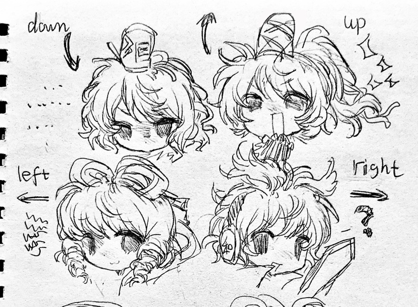 4girls, :3, ?, arrow_(symbol), bow, closed_mouth, cropped_head, drill_hair