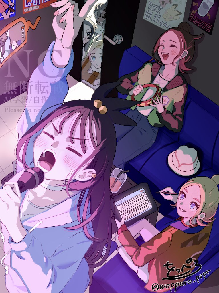 3boys, 3girls, ahoge, arm_up, black_hair, blonde_hair, blue_eyes, blue_hoodie