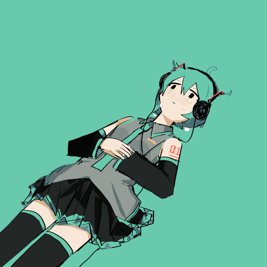 1girl, absurdres, aqua_background, aqua_hair, aqua_necktie, black_skirt, black_sleeves, black_thighhighs