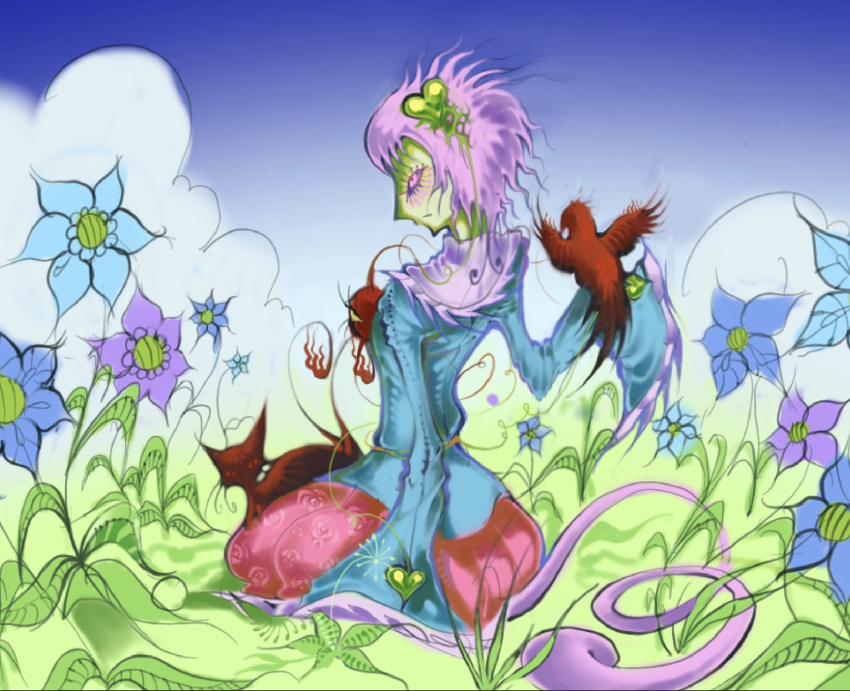1girl, abstract, arm_at_side, bird, bird_on_hand, blue_background, blue_sky, closed_mouth, clouds, colored_sclera, colored_skin, commentary, english_commentary, expressionless, flower, from_side, full_body, green_skin, hair_ornament, hand_up, heart, heart_hair_ornament, highres, kaenbyou_rin, kaenbyou_rin_(cat), long_sleeves, luftinfektion, outdoors, pink_hair, pink_skirt, purple_sclera, reiuji_utsuho, reiuji_utsuho_(bird), short_hair, sitting, skirt, sky, sleeves_past_fingers, sleeves_past_wrists, solo, surreal, third_eye, touhou