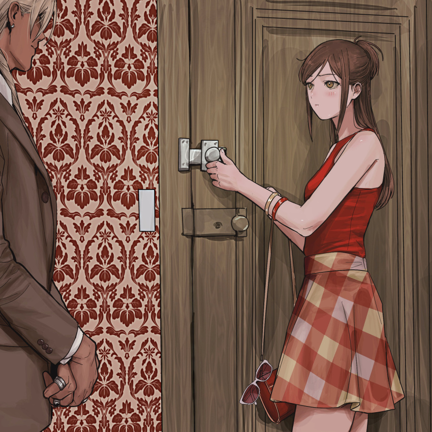 1boy, 1girl, ace_attorney, amikoiiko, bag, bare_shoulders, breasts, brown_eyes