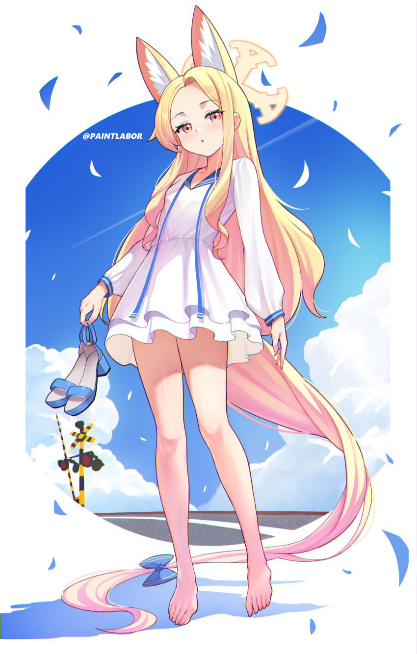 1girl, :o, absurdres, animal_ears, barefoot, blonde_hair, blue_archive, blue_bow