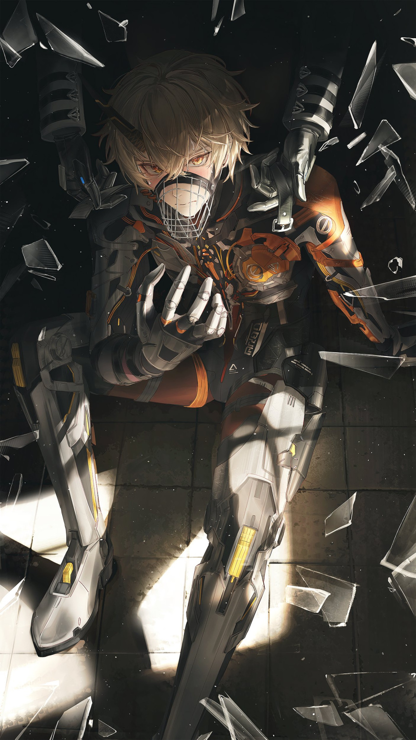 1boy, 1other, absurdres, blonde_hair, broken_glass, closed_mouth, commandant_(pgr), commentary