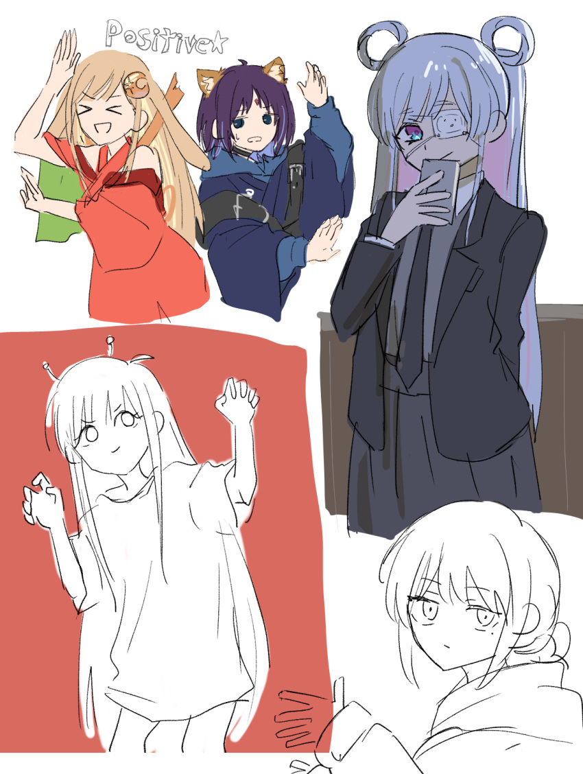 3girls, animal_ears, black_choker, black_jacket, black_necktie, blue_eyes, blue_kimono, cho_kaguya-hime!