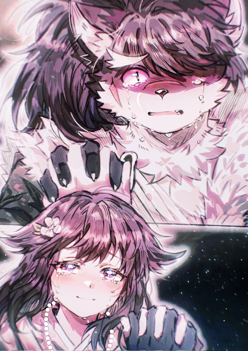 1boy, 1girl, animal_ears, blush, claws, closed_mouth, couple, crying