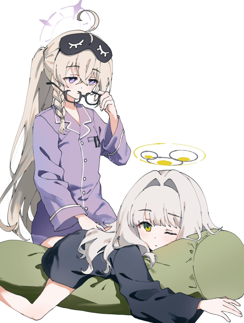 2girls, ahoge, black_mask, black_shirt, blonde_hair, blue_archive, blush, body_pillow