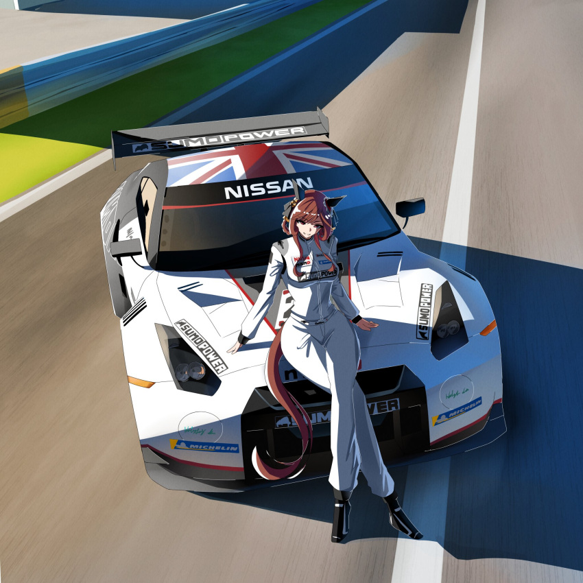 1girl, animal_ears, black_shoes, bodysuit, braid, braided_hair_rings, breasts, brown_hair, car, commentary, ear_covers, ear_ornament, english_commentary, gentildonna_(umamusume), gt_world_challenge_europe, hair_between_eyes, hair_ornament, hair_rings, heart-shaped_ornament, heart_ear_ornament, highres, horse_ears, horse_girl, horse_tail, large_breasts, long_hair, long_sleeves, looking_at_viewer, michelin, motor_vehicle, nissan, on_car, racing_suit, red_eyes, shoes, smile, solo, tail, toyeeta_prius, umamusume, union_jack, white_bodysuit