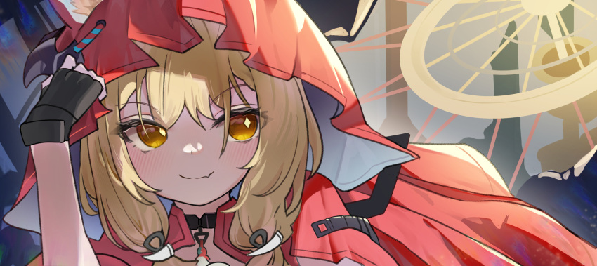 1girl, arknights, arknights:_endfield, black_gloves, blonde_hair, brown_eyes, cape, chegoda