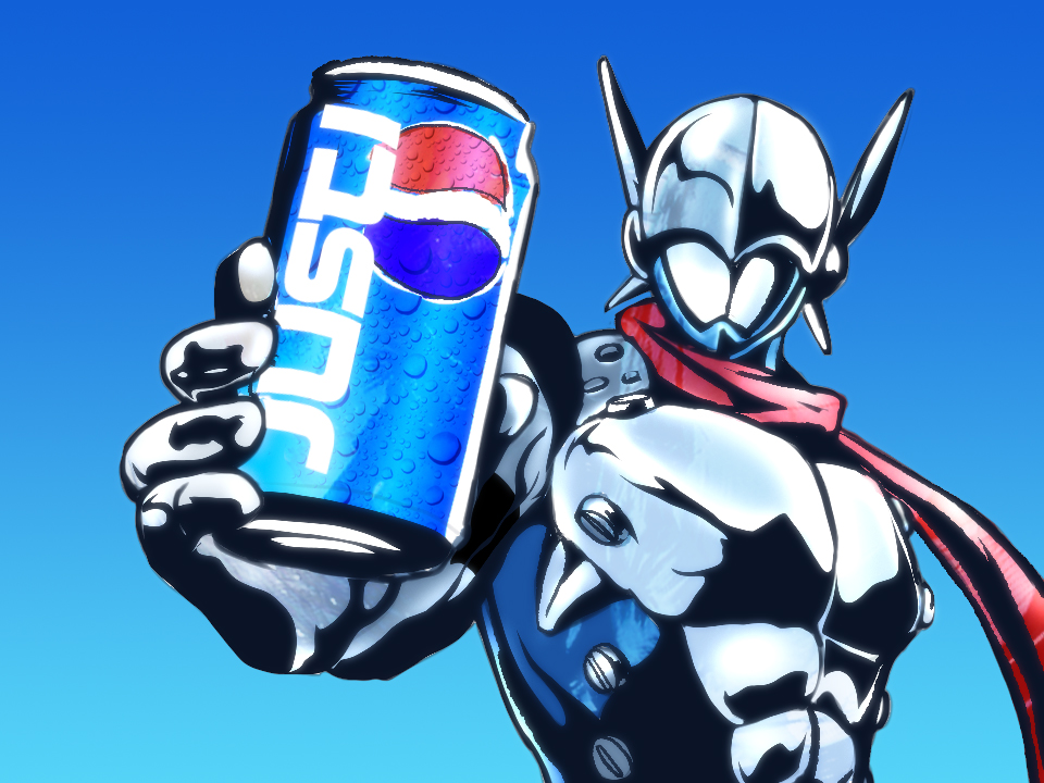 1boy, armor, blue_background, blue_bodysuit, bodysuit, brand_name_imitation, can, digimon, digimon_(creature), holding, holding_can, justimon, male_focus, pepsi, red_scarf, scarf, solo, takurai_(taqrider), upper_body