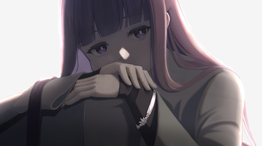 1girl, anata6350, backlighting, blunt_bangs, bracelet, commentary_request, dress, fern_(sousou_no_frieren)