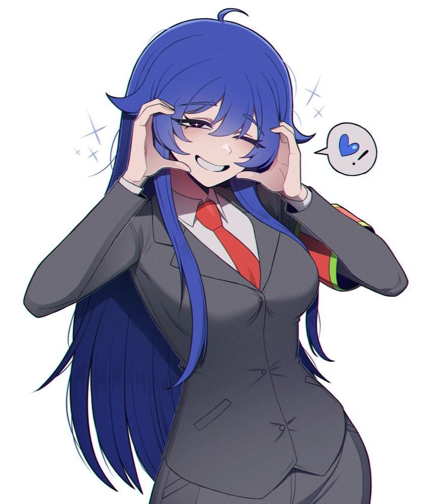 1girl, ahoge, armband, black_eyes, black_pants, black_suit, blazer, blue_eyes