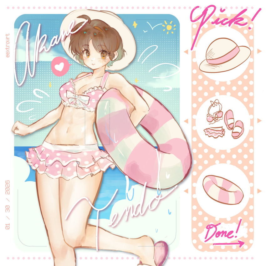 1girl, bikini, brown_eyes, brown_hair, character_name, dress, eextrovrt, english_commentary