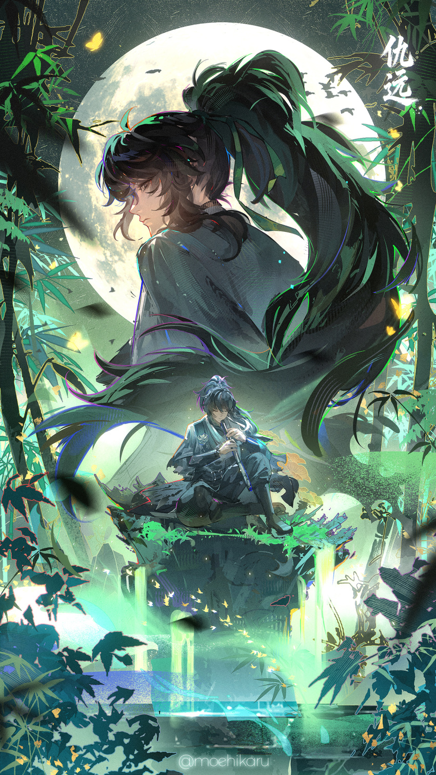 1boy, absurdres, bamboo, bamboo_forest, black_hair, bug, butterfly, character_name