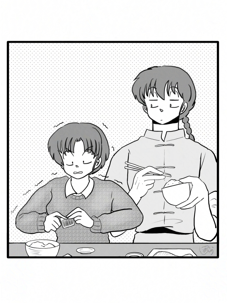 1boy, 1girl, bonjirygushi, bowl, braid, chinese_clothes, chopsticks, commentary_request