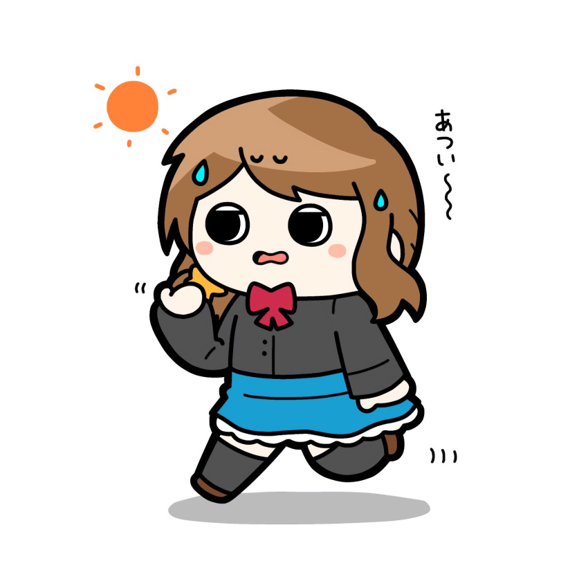 1girl, arm_at_side, assault_lily, black_shirt, black_thighhighs, blue_skirt, blush, bow