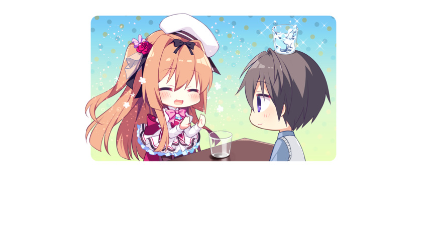 1boy, 1girl, :d, ^_^, black_bow, blue_background, blue_shirt, blush