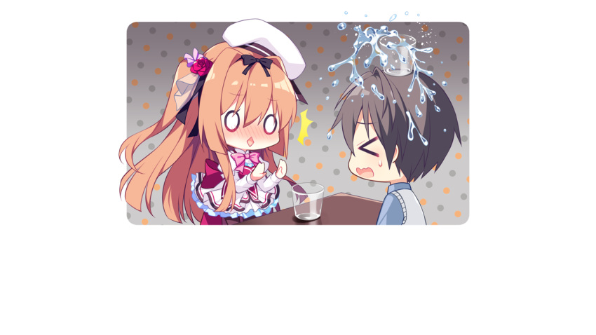 >_<, 0_0, 1boy, 1girl, ^^^, black_bow, blue_shirt, blush