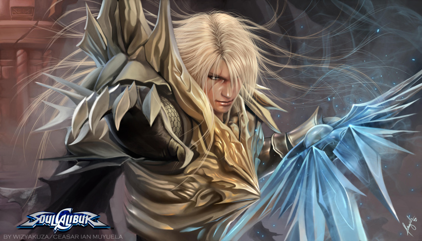 1boy, armor, artist_name, blonde_hair, blue_eyes, clawed_gauntlets, commentary, crystal