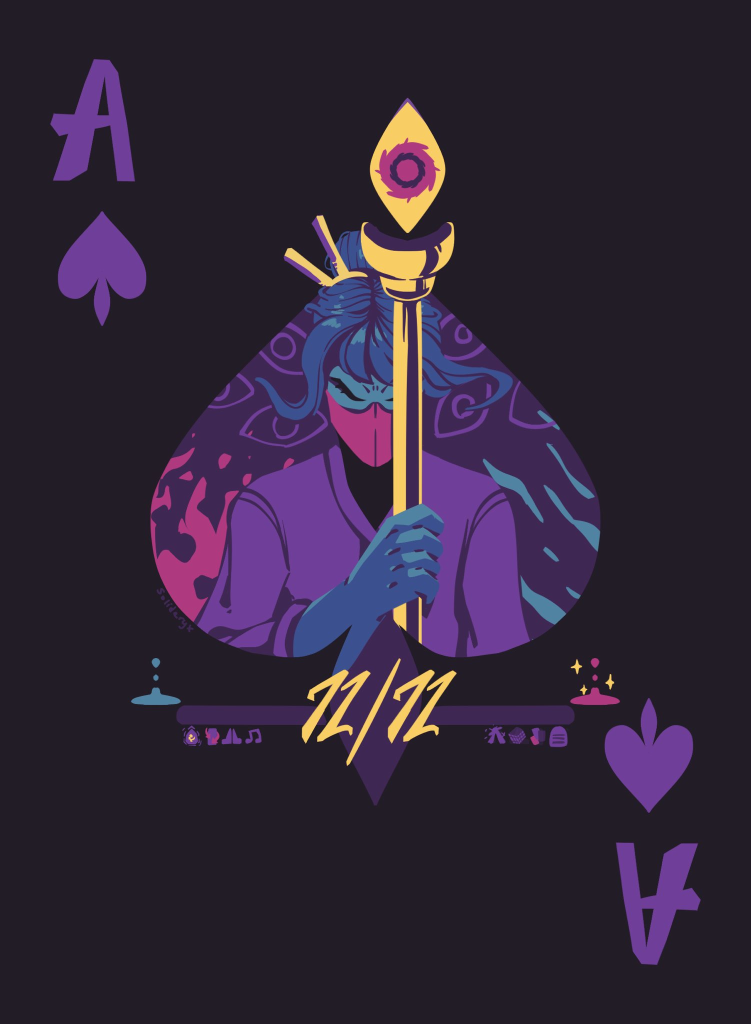 1girl, 1other, ace_(playing_card), ace_of_hearts, blue_background, card, closed_eyes, colored_skin