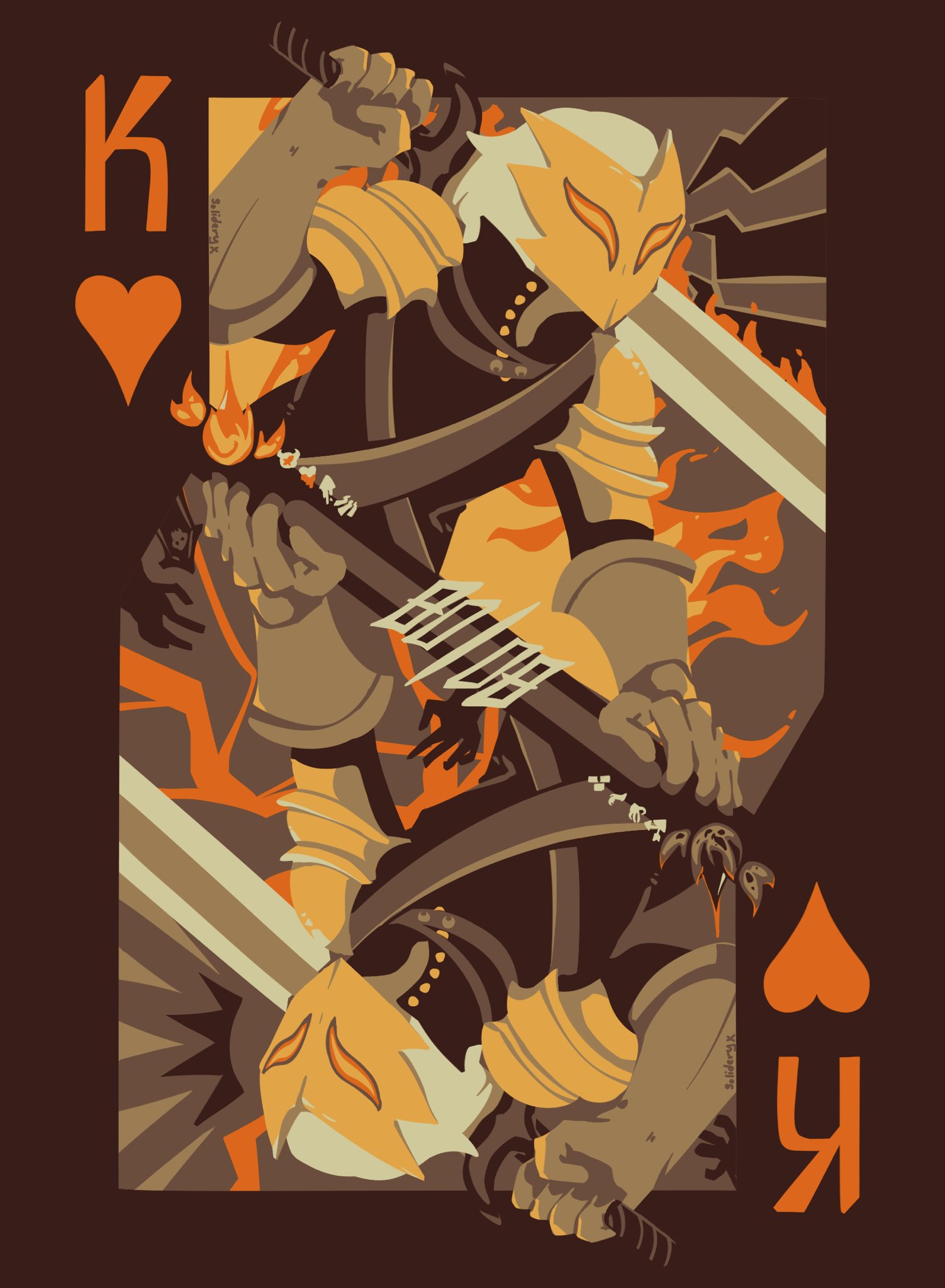 1other, armor, card, commentary, english_commentary, fire, gloves, grey_hair, health_bar, highres, king_(playing_card), king_of_hearts_(playing_card), long_hair, mask, over_shoulder, pauldrons, playing_card, shoulder_armor, slay_the_spire, solideryx, sword, sword_over_shoulder, the_ironclad_(slay_the_spire), weapon, weapon_over_shoulder, yellow_eyes