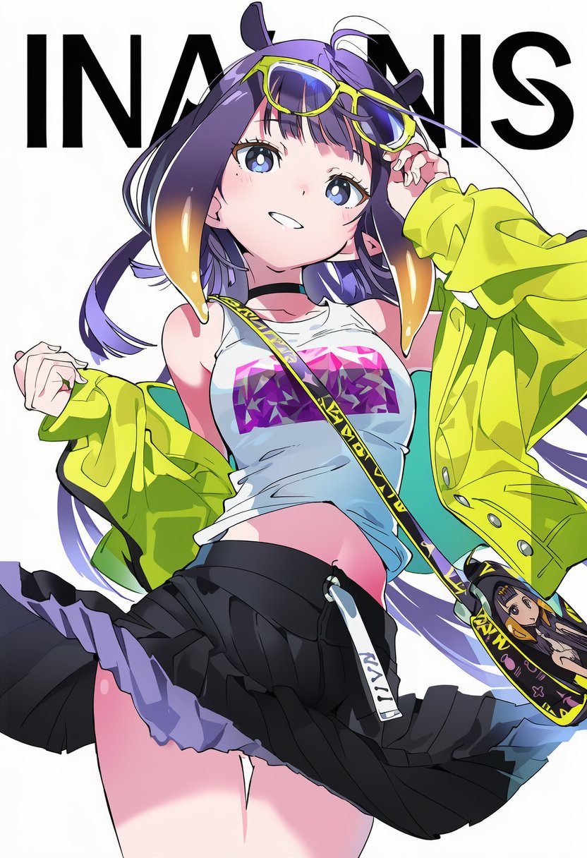 1girl, blue_eyes, blunt_bangs, blush, commentary_request, eyewear_on_head, fujiwara_ringo, gradient_hair