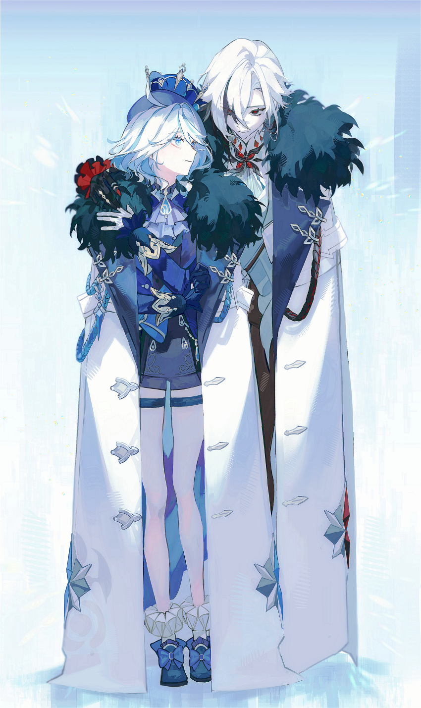 2girls, absurdres, ahoge, ankle_garter, arlecchino_(genshin_impact), ascot, black_hair, blue_hair, blue_hat, blue_jacket, blue_shoes, blue_shorts, blue_sleeves, cape, chikidoong, closed_mouth, coat, fatui_coat, full_body, fur-trimmed_cape, fur_trim, furina_(genshin_impact), genshin_impact, hand_on_another's_shoulder, hand_to_hand, hat, highres, jacket, leaning_on_person, long_sleeves, looking_at_another, looking_down, looking_up, multicolored_hair, multiple_girls, red_hair, rope, shirt, shoes, short_hair, shorts, standing, streaked_hair, thigh_strap, two-tone_hair, white_cape, white_shirt