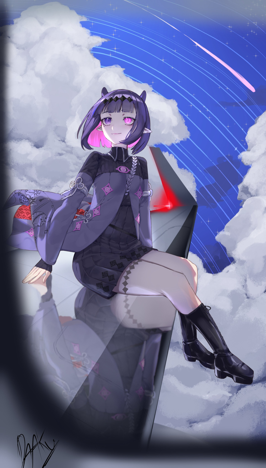 1girl, absurdres, airplane_wing, blunt_bangs, colored_inner_hair, commentary, daaku_(koizumi_arata), dress