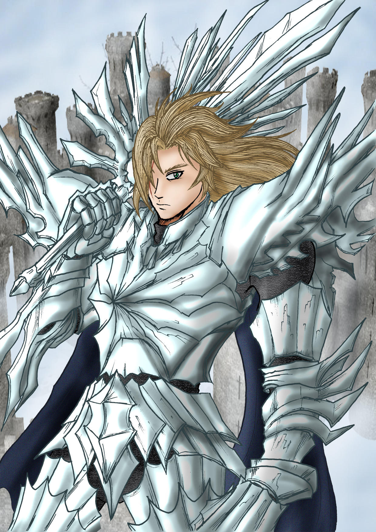 1boy, armor, blonde_hair, blue_cape, blue_eyes, cape, castle, clawed_gauntlets