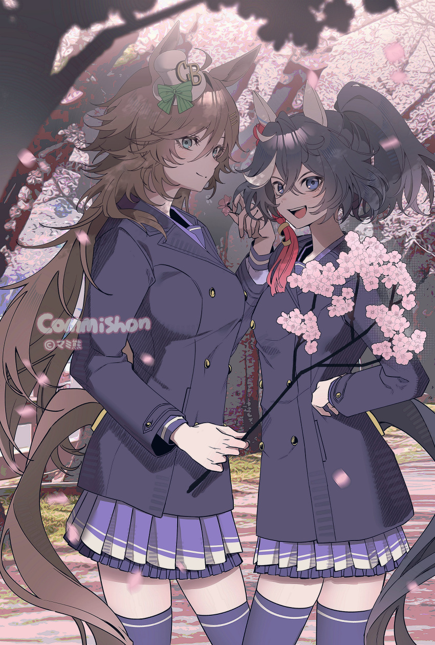 2girls, absurdres, ahoge, animal_ears, black_hair, blue_coat, blue_eyes, blush, branch, breasts, brown_hair, buttons, cherry_blossoms, closed_mouth, coat, commentary, commission, double-breasted, ear_covers, hair_between_eyes, hair_ornament, hairclip, hat, highres, holding, holding_branch, horse_ears, horse_girl, horse_tail, katsuragi_ace_(umamusume), long_hair, long_sleeves, medium_breasts, mini_hat, mini_top_hat, mr._c.b._(umamusume), multicolored_hair, multiple_girls, open_mouth, outdoors, ponytail, purple_serafuku, purple_skirt, purple_thighhighs, school_uniform, serafuku, shirt, skirt, smile, streaked_hair, tail, tassel, tassel_hair_ornament, teeth, thigh-highs, top_hat, tracen_school_uniform, tracen_winter_coat, umamusume, untranslatable_commentary, upper_teeth_only, uri_umu, white_hair, winter_clothes, winter_coat, winter_uniform