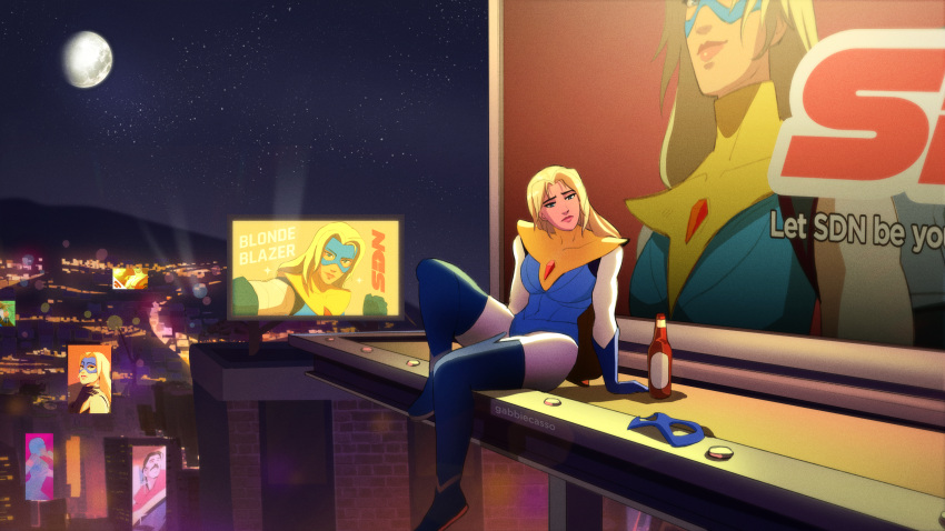 1girl, ad_(object), amulet, arm_support, billboard, blonde_blazer, blonde_hair, blue_boots