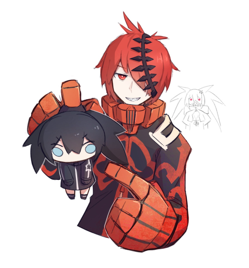 1boy, 2girls, black_hair, black_hoodie, black_rock_shooter, black_rock_shooter_(character), black_rock_shooter_(game), blue_eyes