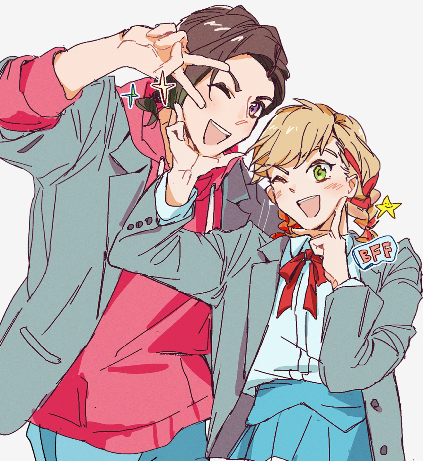 1boy, 1girl, ;d, blonde_hair, blush, braid, brown_hair, bustafellows