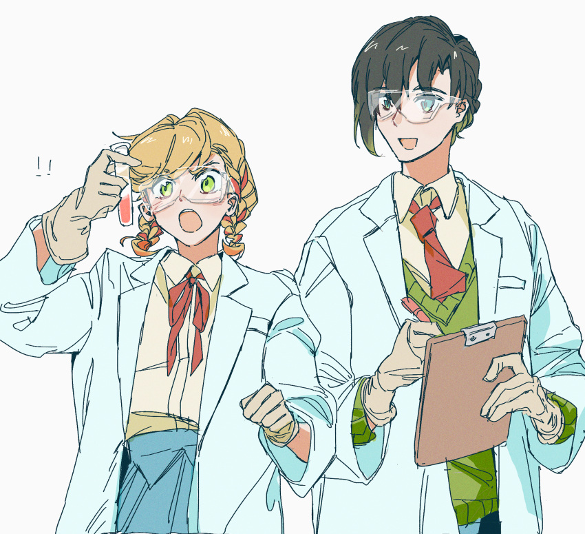 1boy, 1girl, black_hair, blonde_hair, blue_eyes, braid, bustafellows, clipboard, coat, collared_shirt, colored_tips, d70586, gloves, green_eyes, green_vest, highres, holding, holding_clipboard, holding_pen, holding_test_tube, lab_coat, looking_at_another, mozu_(bustafellows), multicolored_hair, necktie, open_mouth, pen, red_necktie, red_ribbon, ribbon, school_uniform, shirt, simple_background, skirt, smile, sweater_vest, test_tube, teuta_(bustafellows), twin_braids, vest, white_background, white_coat, yellow_shirt
