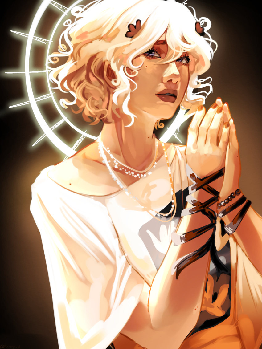 1girl, aegyo_sal, averting_eyes, backlighting, blonde_hair, blue_eyes, finleyyxd, glowing