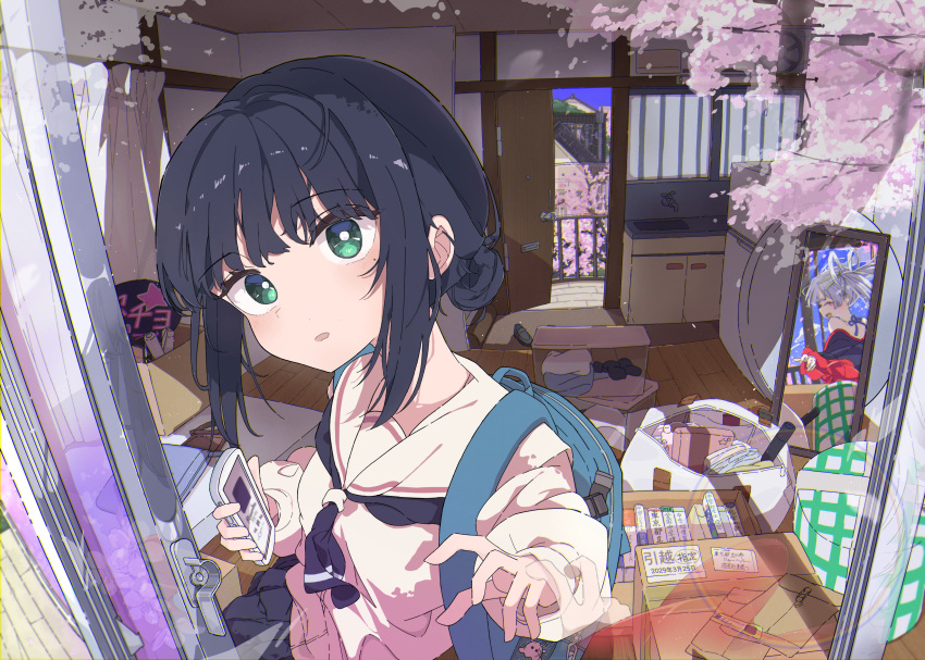 2girls, absurdres, black_hair, black_neckerchief, cellphone, cherry_blossoms, cho_kaguya-hime!, commentary_request