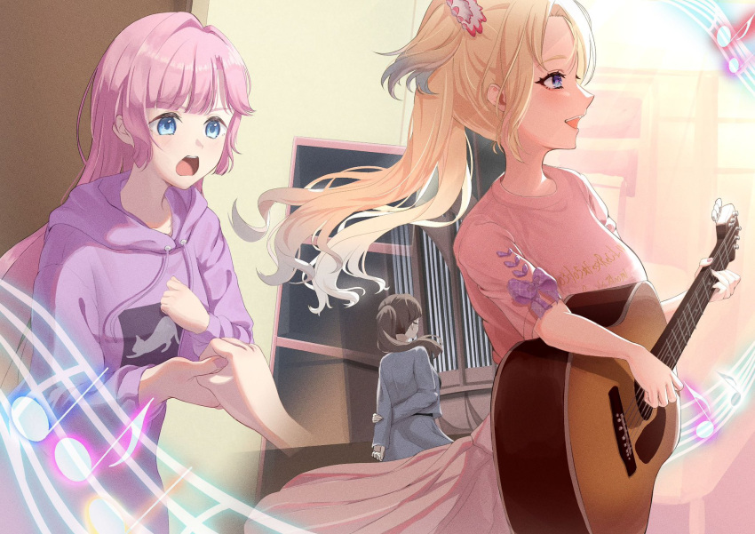 3girls, anyoji_hime, anyoji_hime_(winter_loungewear), blonde_hair, blue_eyes, blue_hair, commentary_request, echoes_beyond_(love_live!)