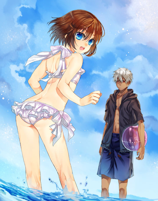a_(shiei_no_sona-nyl), ass, ball, beachball, bikini, blue_eyes, blue_sky, brown_hair