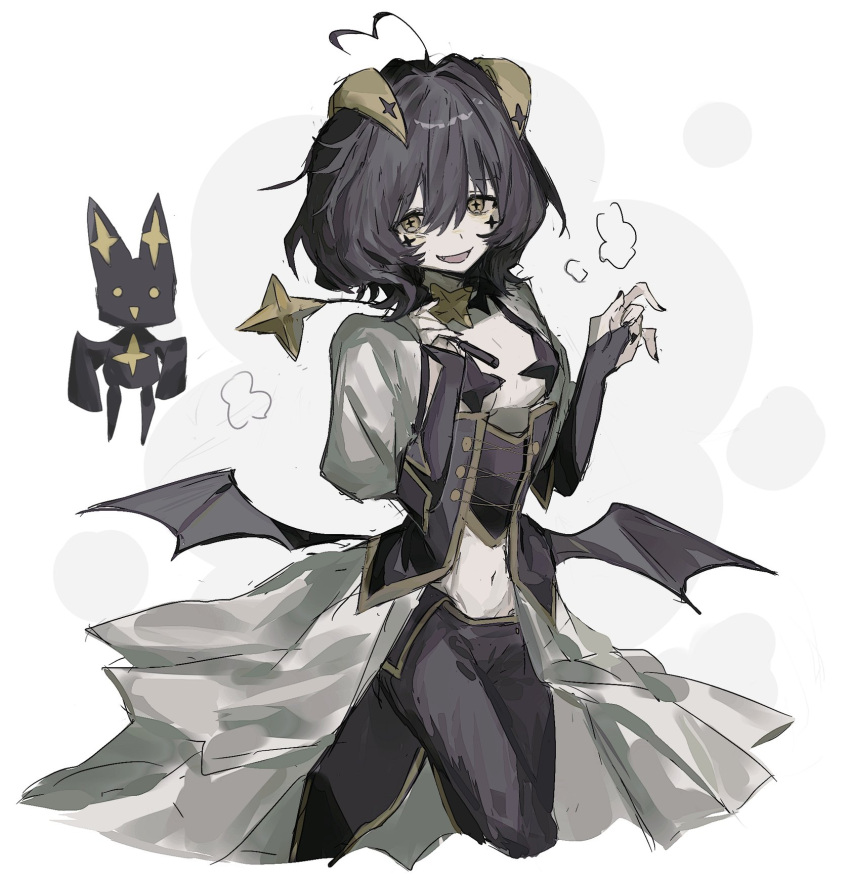 +_+, 1girl, ahoge, black_hair, black_pants, commission, corset, cross